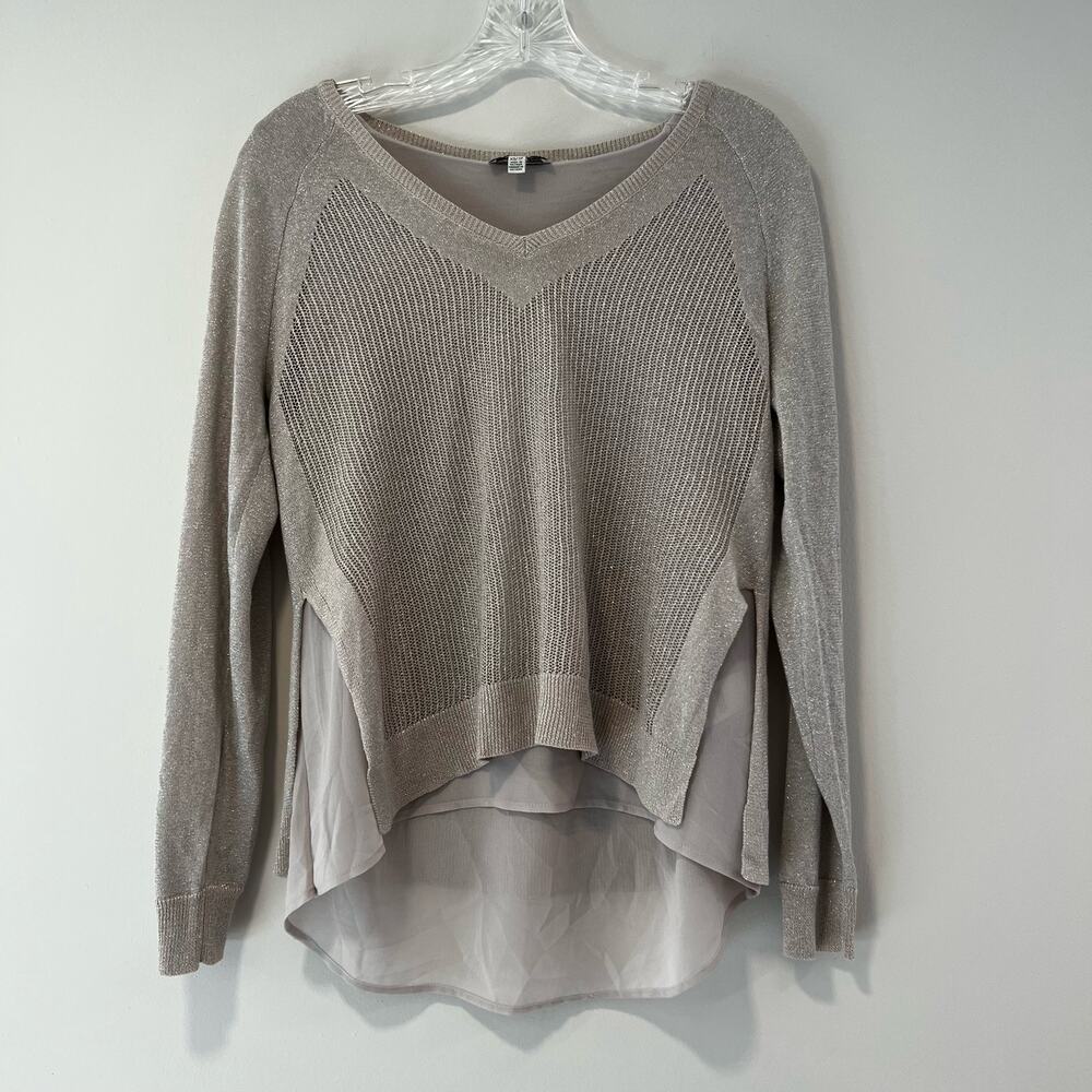 Lucky Brand Layered Linen Rayon Long Sleeve Knit Top Taupe Gold Shimmer XS